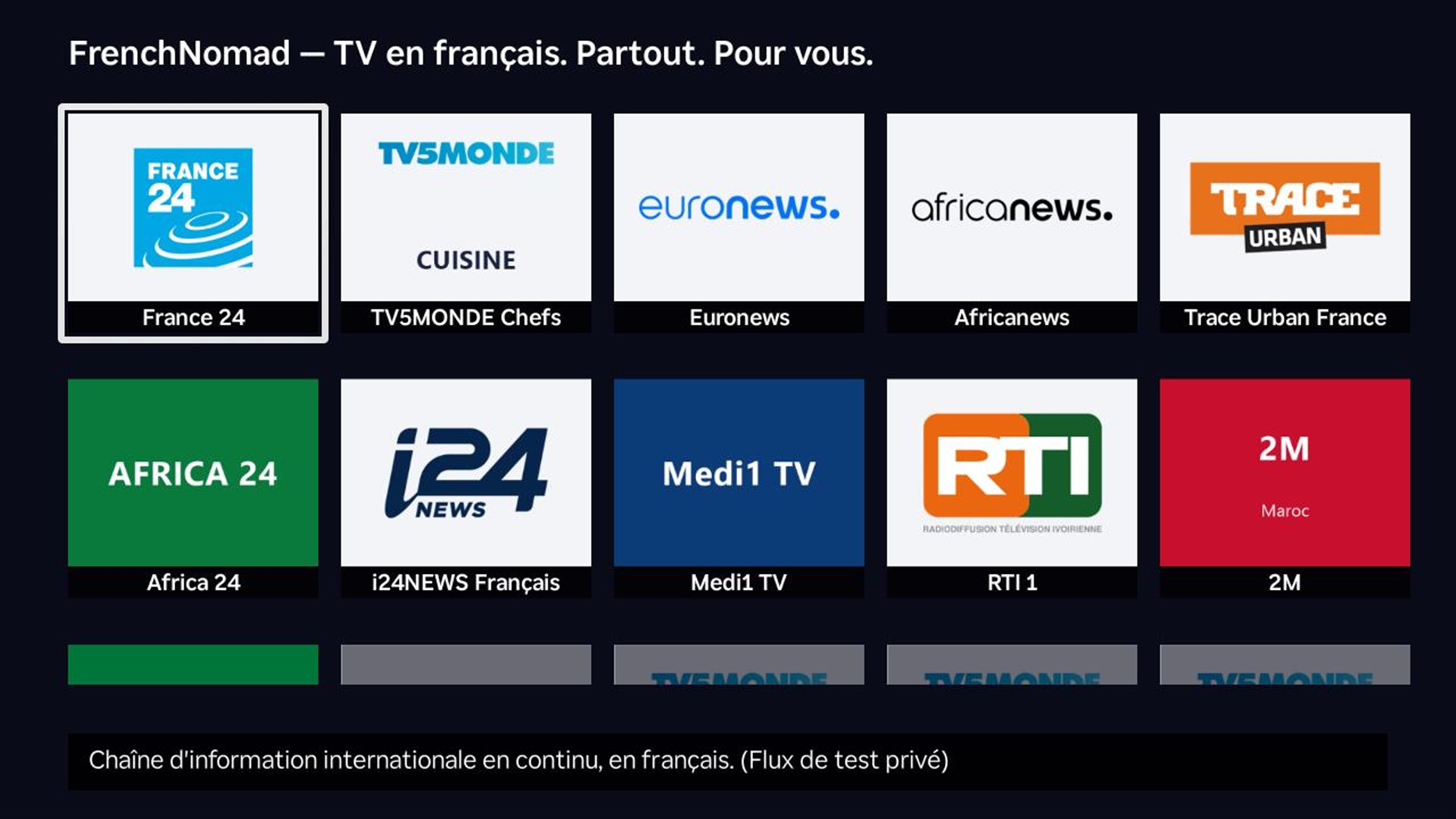 La grille des chaînes FrenchNomad sur Roku